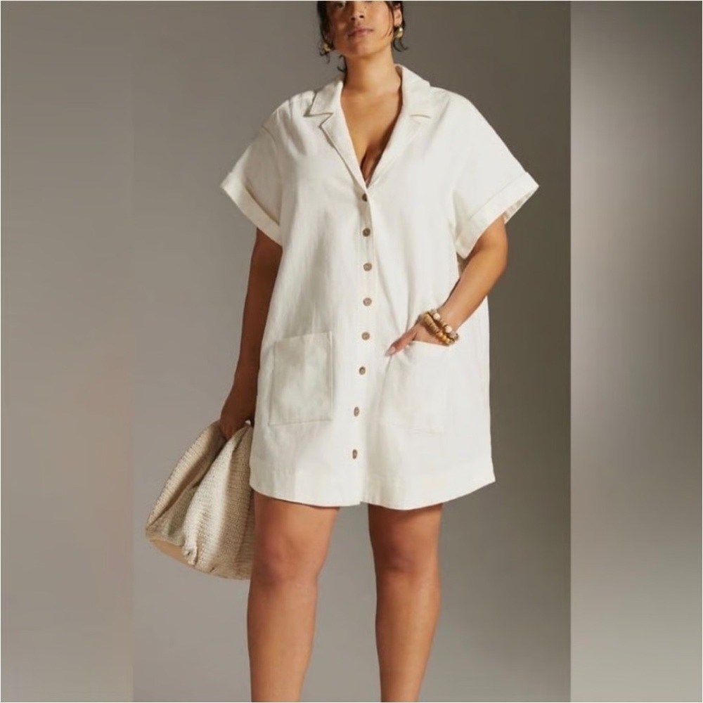 Anthropologie Pilcro Cream Short-Sleeve Button Mini Dress